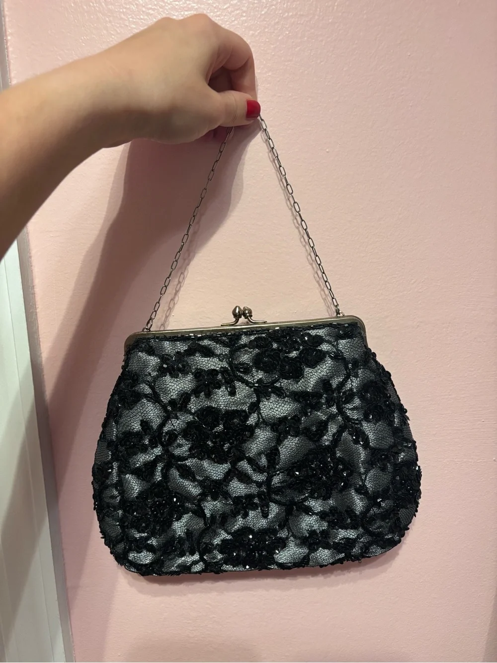 Vintage Satin Black Beaded Evening Bag